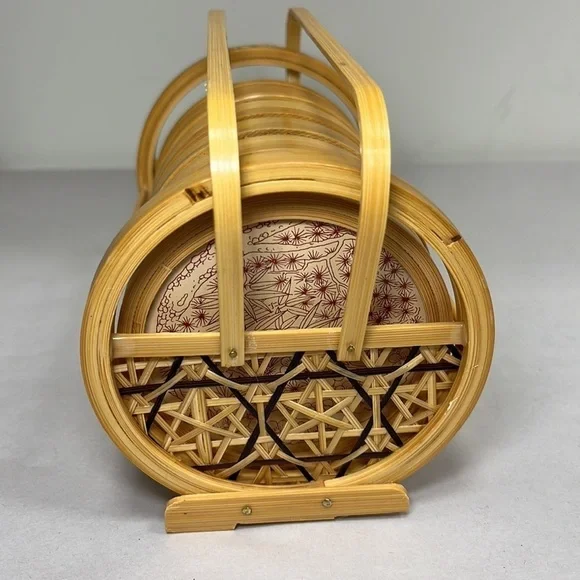 Vintage Bamboo Ratan 7-Piece Coaster Set in Stand Round Fruit‎ Decor Bohemian - Picture 5 of 11